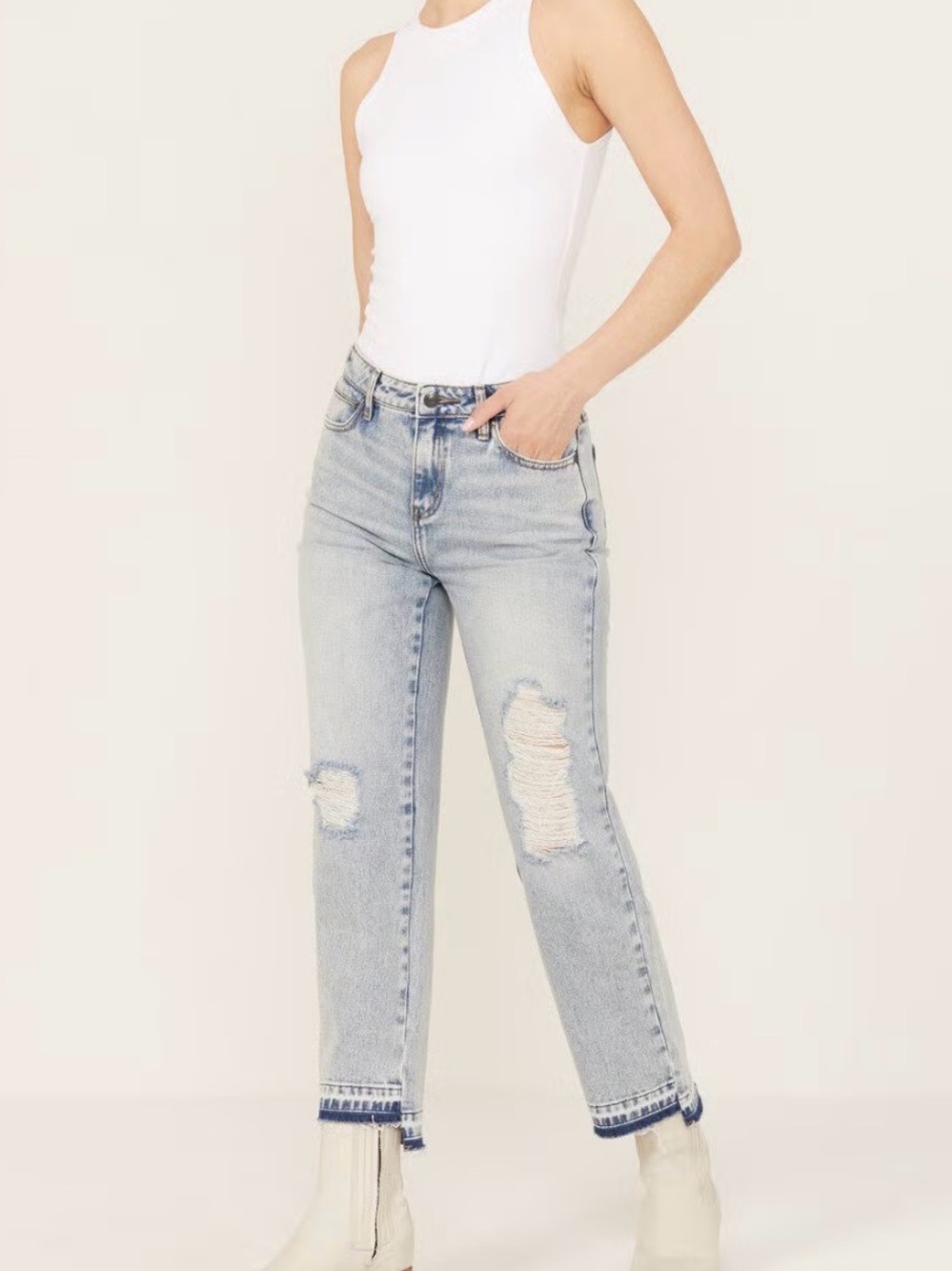 Cleo+Wolf Light blue Wash Distressed wide Leg Jeans raw hem high rise w32/L 27